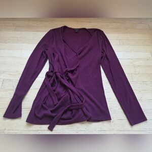 Ann Taylor Burgundy V-Neck Ribbed Longsleeve Wrap Top Size M